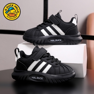 小黄鸭男童鞋子加绒二棉2025新款秋冬季宝宝儿童运动鞋皮面休闲鞋