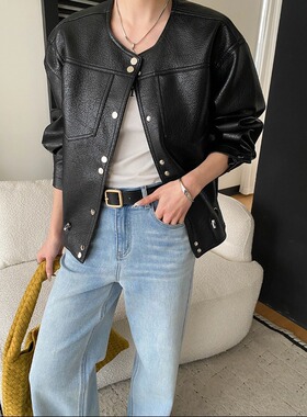 司南 摩登都市 机车风腔调感下摆抽绳PU皮夹克皮衣外套 SN8713