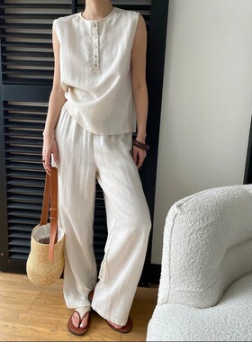 司南 老钱vibe 天丝亚麻混纺无袖背心宽松直筒休闲裤套装 SN8721