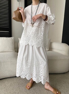 司南 南法假日 法式重工镂空刺绣圆领衬衫A字半身裙套装 SN8731