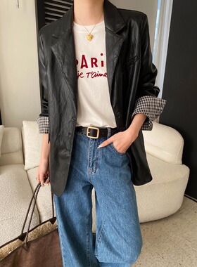 司南 法式轻熟风 撞色格纹翻边袖PU皮宽松西装皮衣外套 SN8692