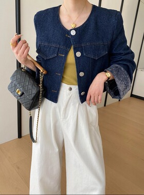 司南 富家千金感 细闪亮丝斜纹暗纹提花袖口牛仔外套短款 SN8714