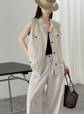 橘芷夏季新款韩系麻料套装多口袋立领无袖马甲外套感套装2617