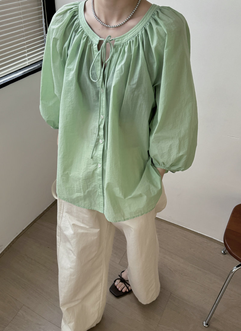 欧洲站2024新款女装欧货爆款正品慵懒系带领口七分袖纯色薄棉小衫