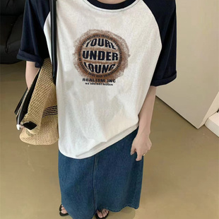 歐貨慵懶休閑圓領(lǐng)撞色字母印花短袖 棉質(zhì)T恤女 新款 歐洲站2025夏季