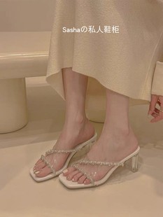 水晶粗跟露趾高跟鞋 女夏外穿2024仙女风时尚 银色透明带水钻凉拖鞋