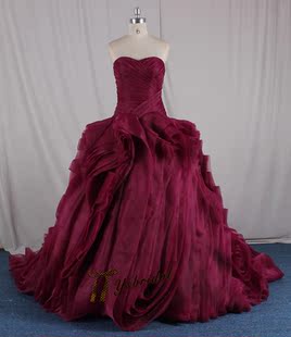 酒红色晚礼服长裙欧根纱花朵拖尾敬酒服年会艺考成人礼晚装