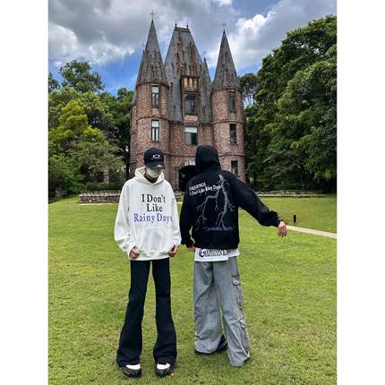 美式复古高街国潮牌闪电印花连帽卫衣男女小众设计感百搭重磅上衣