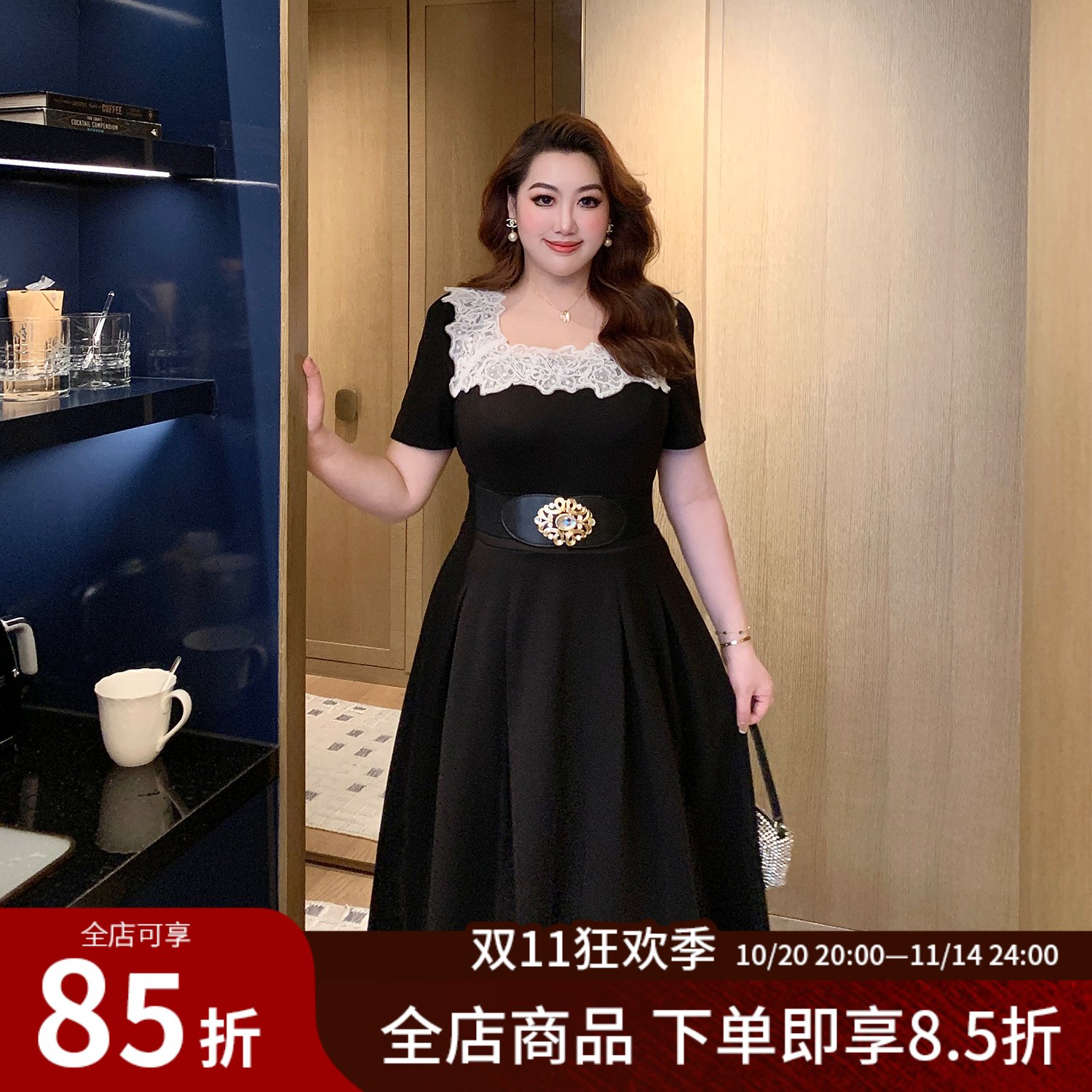 大码女装赫本风蕾丝拼接连衣裙