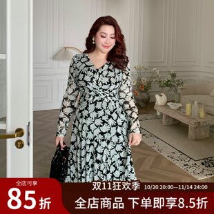 复古高级感碎花时尚 GLEC大码 法式 2025秋冬新款 优雅V领连衣裙 女装