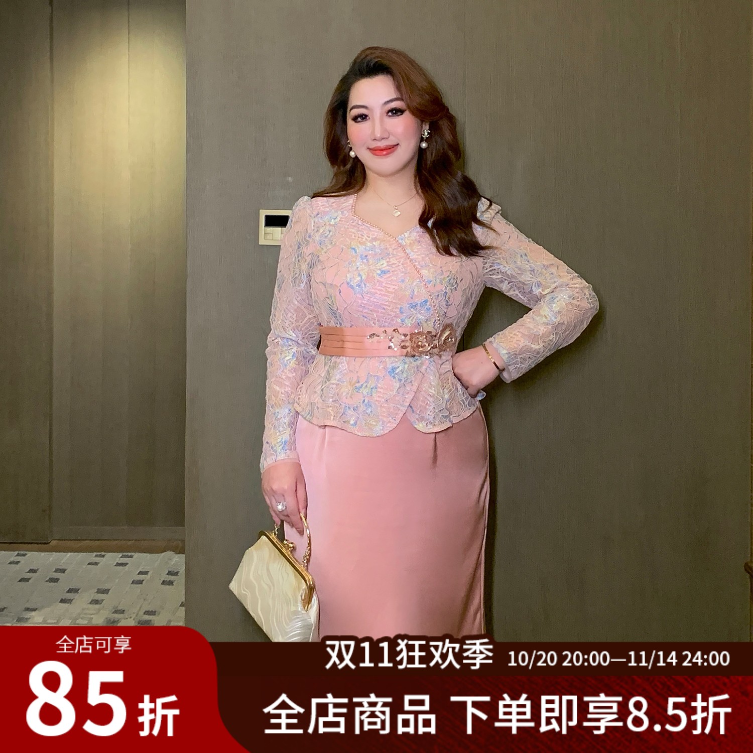 大码女装复古重工假两件连衣裙