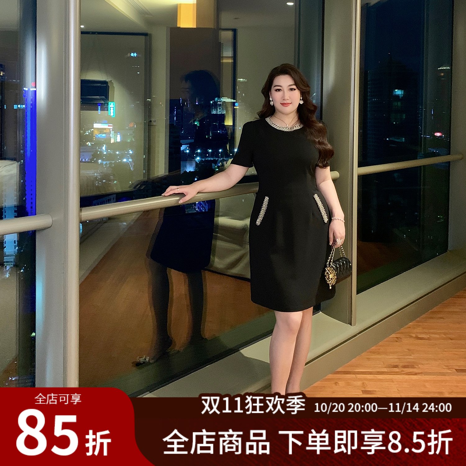 大码女装高级感时尚短袖连衣裙