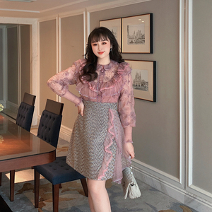 GLEC大码女装2023年秋冬新款高级感名媛小香风蕾丝连衣裙洋气时髦