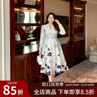 2025时尚 GLEC高端胖mm大码 新款 秋季 气质提花收腰礼服连衣裙 女装
