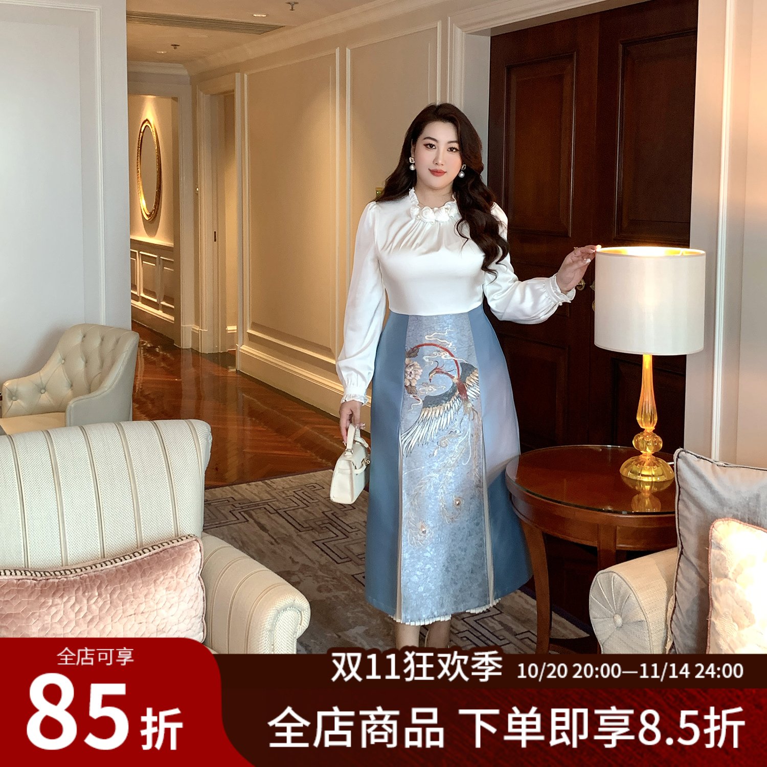 中国风花瓣领时尚印花拼接连衣裙