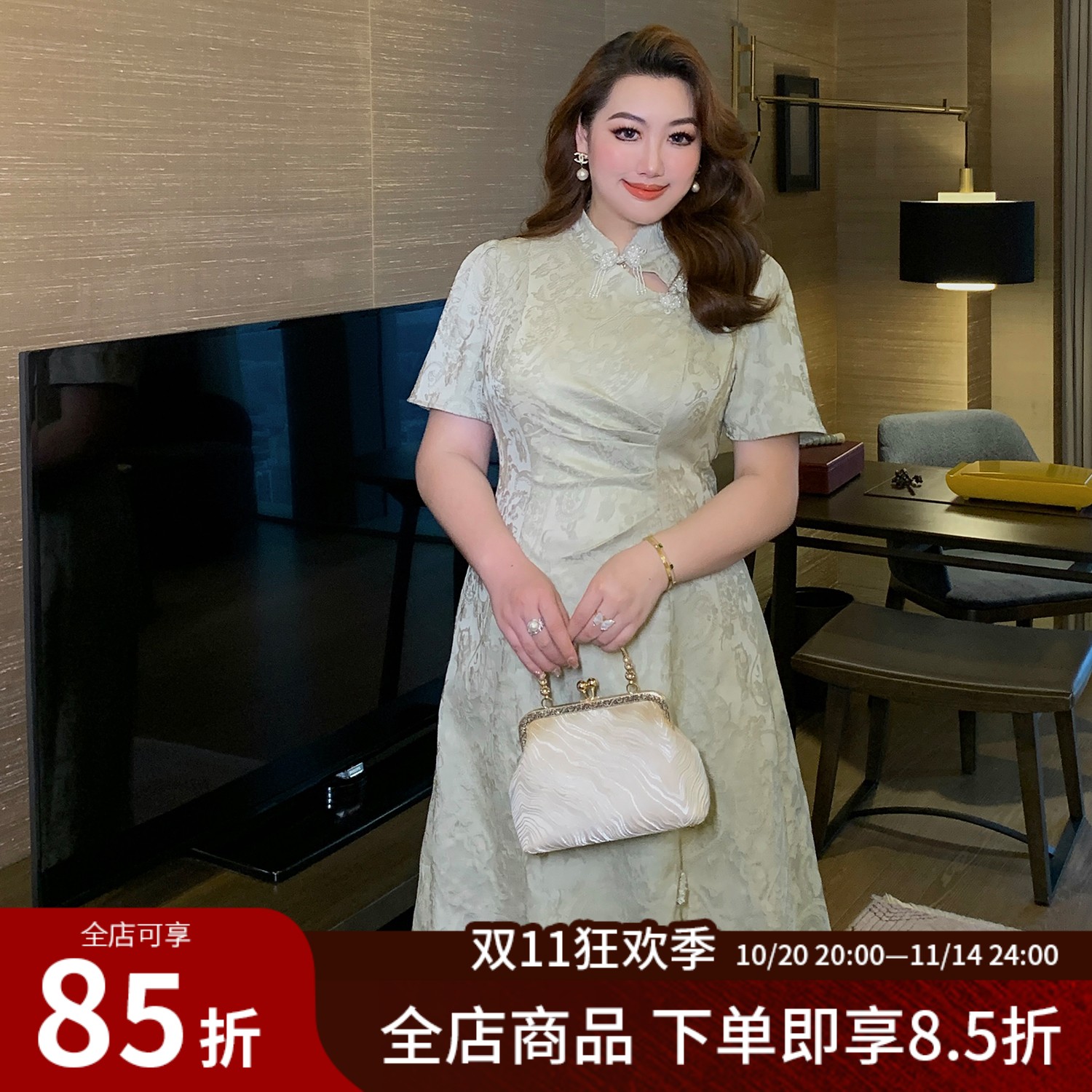 大码女装新中式复古提花连衣裙