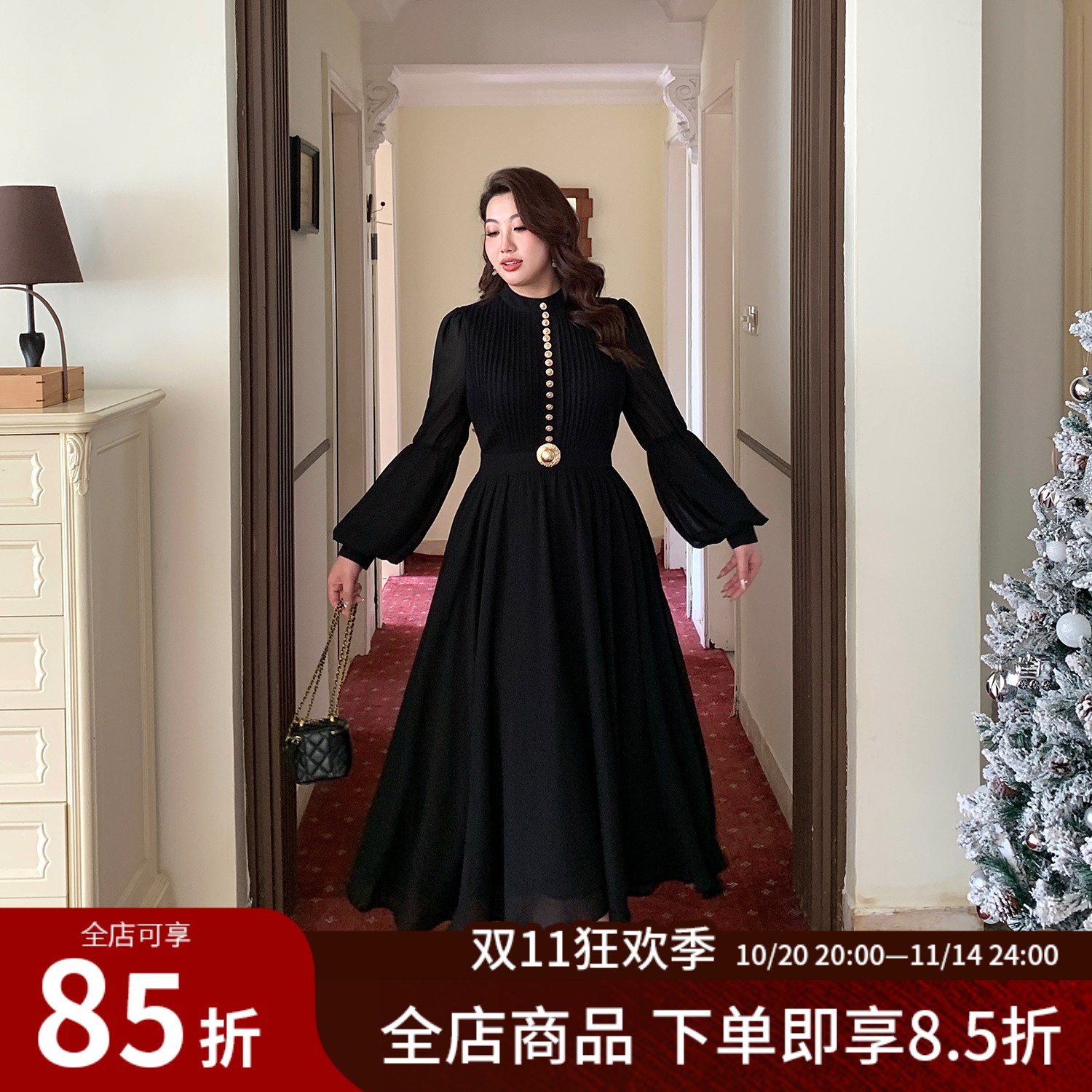 大码女装高级名媛气质黑色雪纺裙