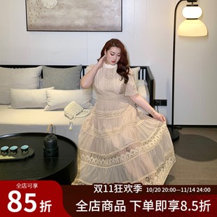 法式 GLEC大码 新款 2025夏季 复古镂空高级感气质蕾丝拼接连衣裙 女装