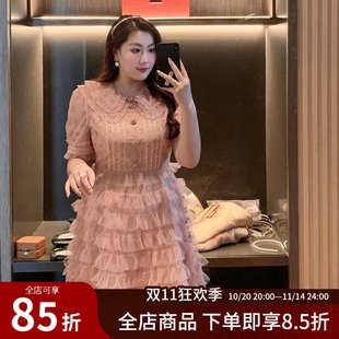GLEC高端胖mm大码 气质名媛女神范蕾丝拼接荷叶边蛋糕连衣裙 女装