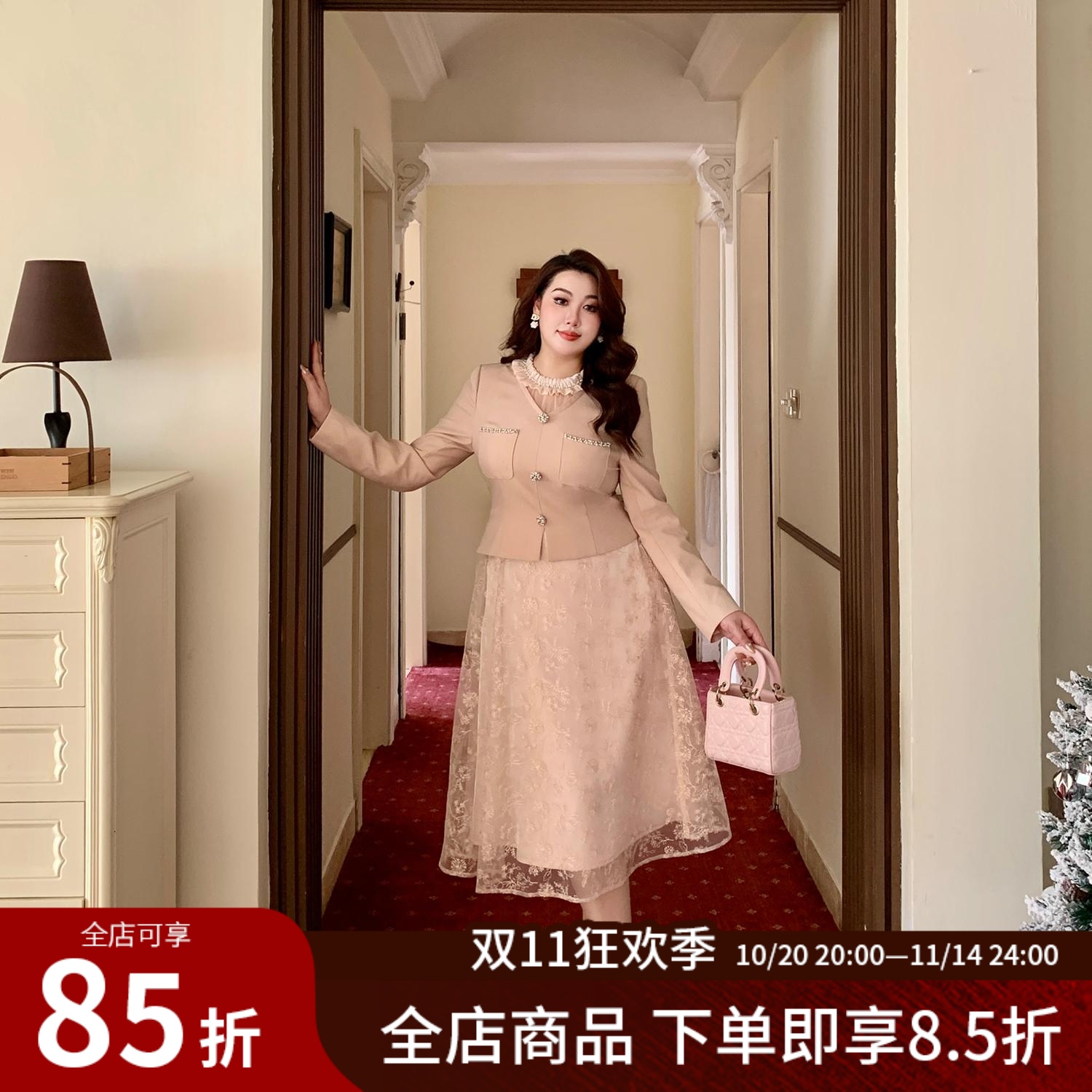 大码女装重工钉珠提花拼接连衣裙