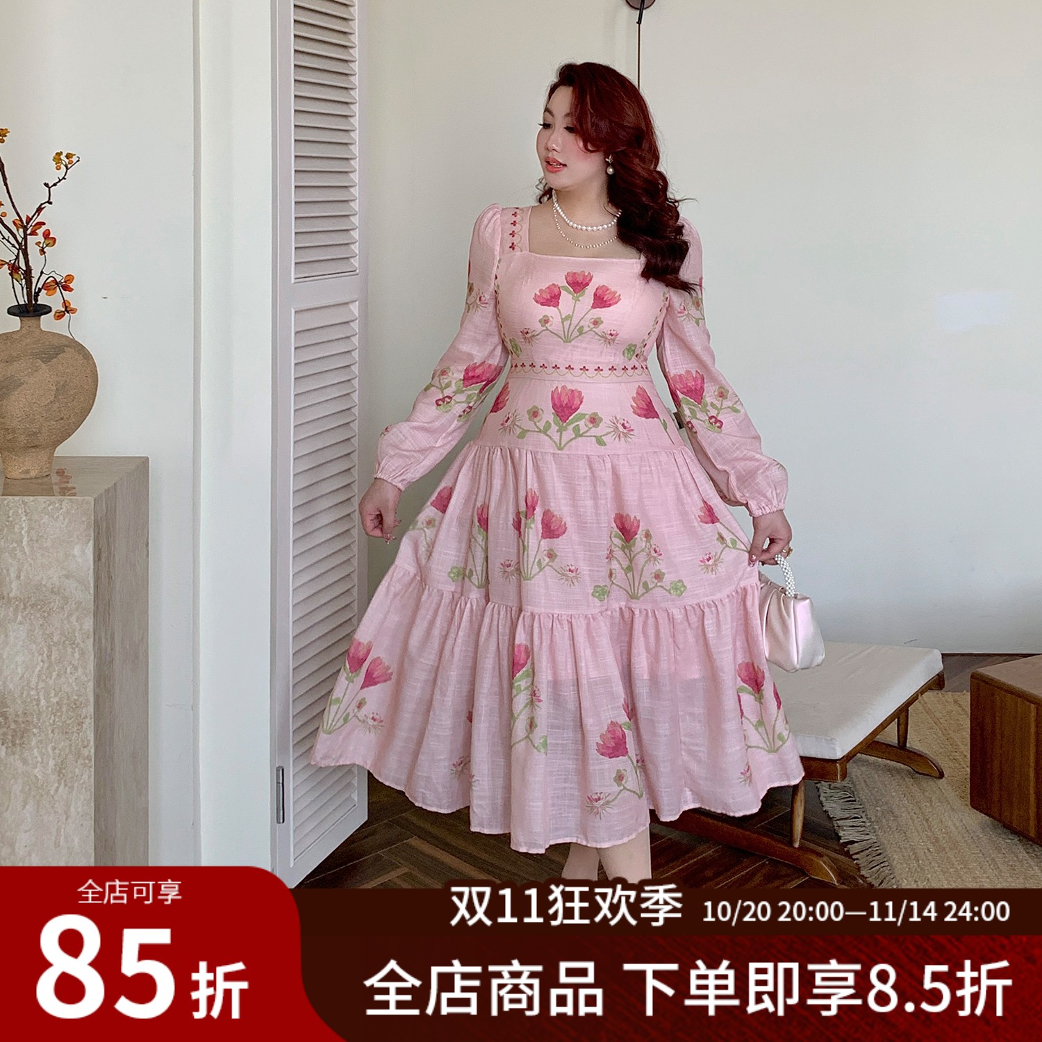 大码女装法式复古方领蛋糕连衣裙