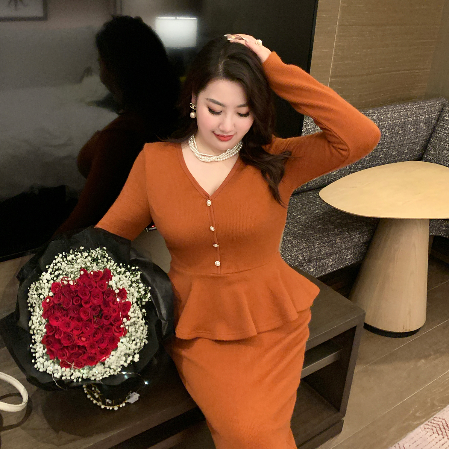 大码女装时尚高级感假两件连衣裙
