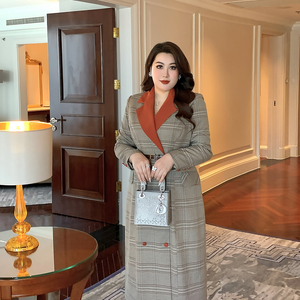 GLEC高端大码女装经典复古格纹优雅英伦撞色大翻领收腰外套连衣裙