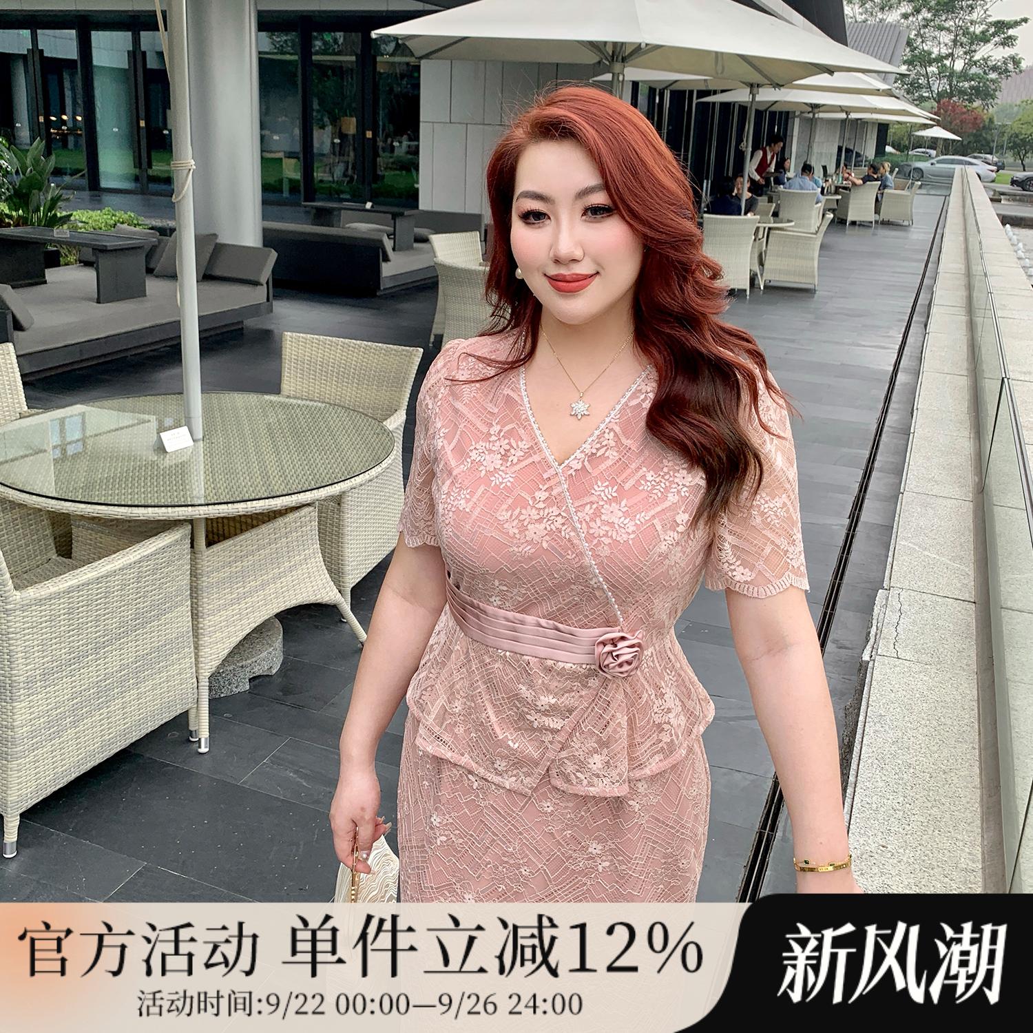 大码女装蕾丝提花假两件连衣裙