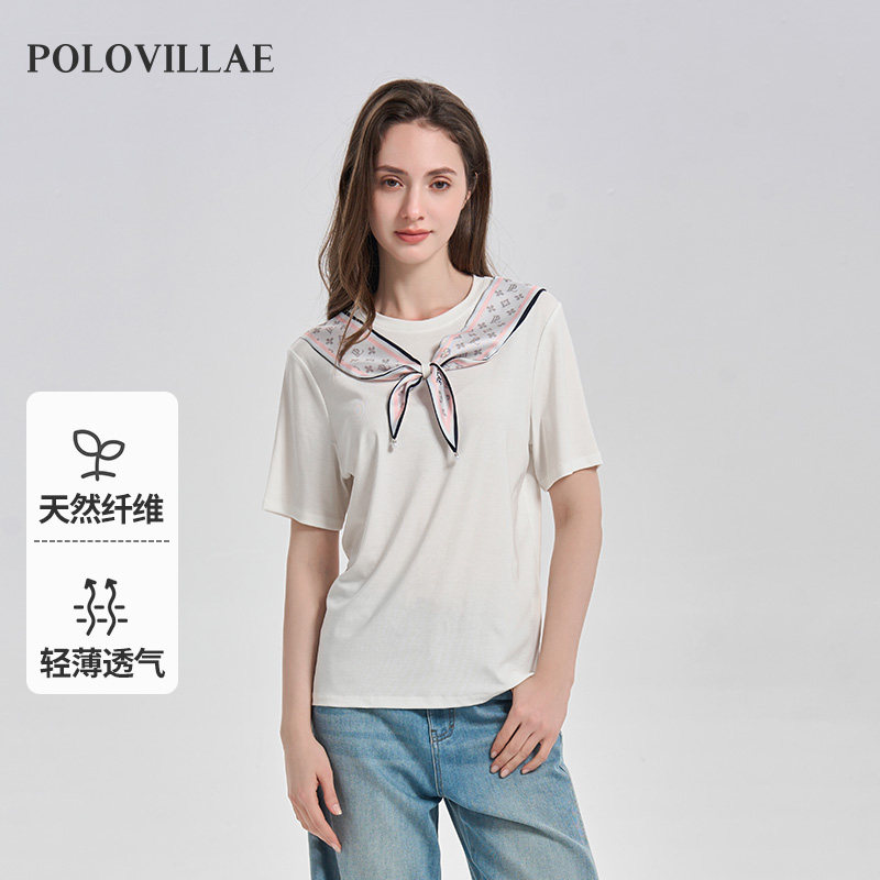 Polovillae保罗女士白色百搭透气短袖T恤女圆领丝巾白tAARH626