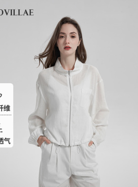 polovillae保罗威特女士简约白色立领薄拉链开衫女短外套AERS881