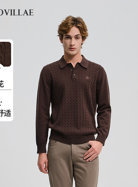 Polovillae男士2025保暖舒适经典针织衫男翻领绞花男毛衣APQF039