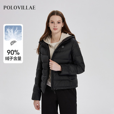 polovillae保罗女士短款轻薄连帽羽绒服女黑色通勤外套AOQW767