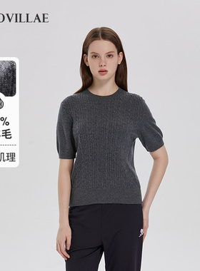 Polovillae女士专柜简约大气绞花短袖羊毛衫女圆领毛衣APQF716