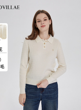 Polovillae女士专柜同款精品绞花翻领针织毛衣女白色上衣APQF727