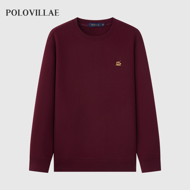 Polovillae保罗男士简约纯色圆领卫衣男通勤运动红色男T恤ABQF172