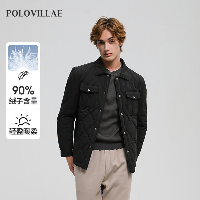 polovillae保罗男士翻领短款潮流黑色羽绒服男装通勤外套AOQW308