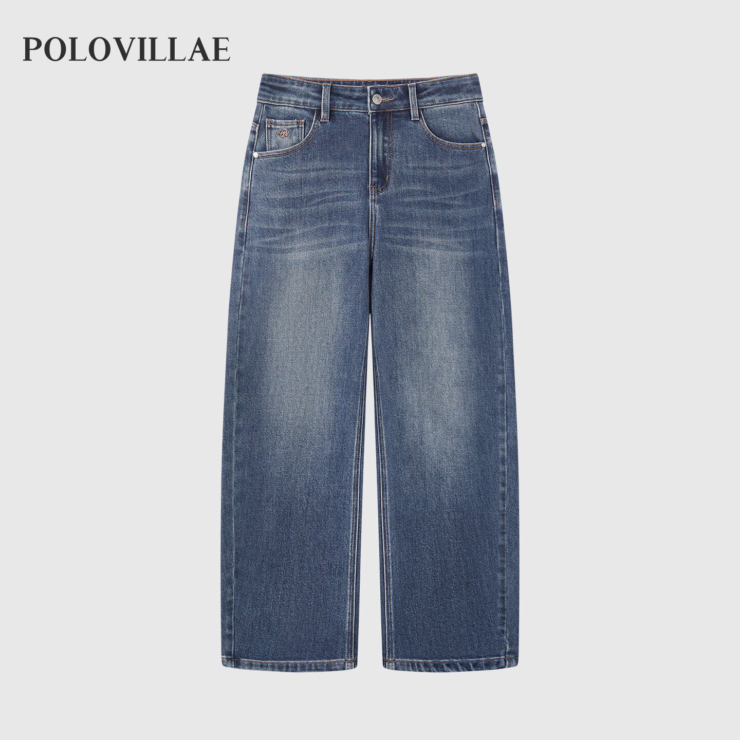 polovillae女装简约舒适微弹蓝直筒弯刀牛仔裤女通勤长裤ANRF806
