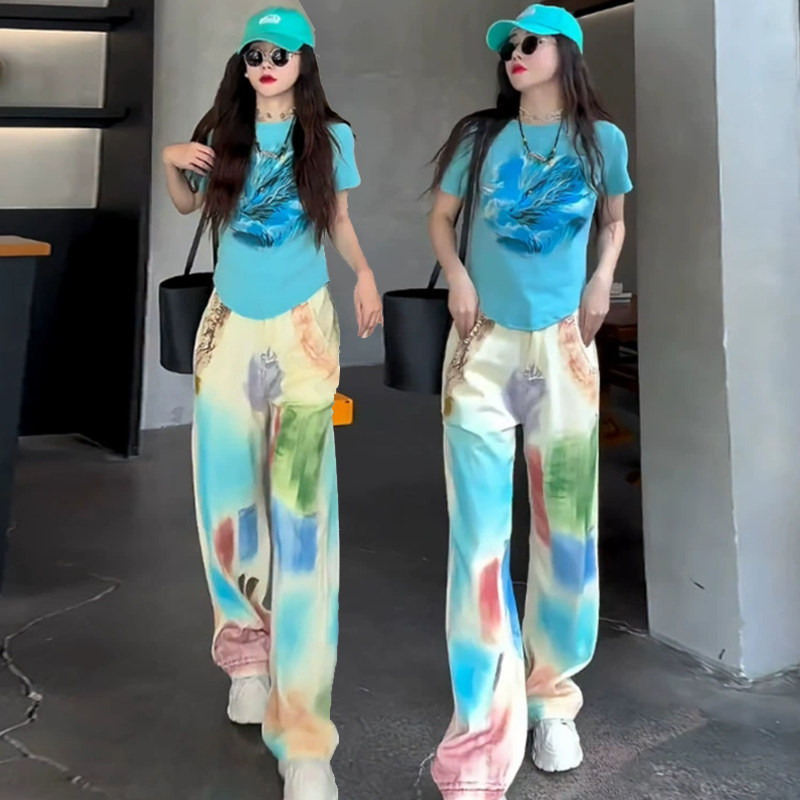 时尚运动套装女2025新款网红洋气个性涂鸦短袖牛仔裤两件套女韩版