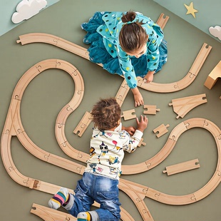 兼容hape火车轨道玩具拓展包配件木质积木儿童小火车电动轨道车木