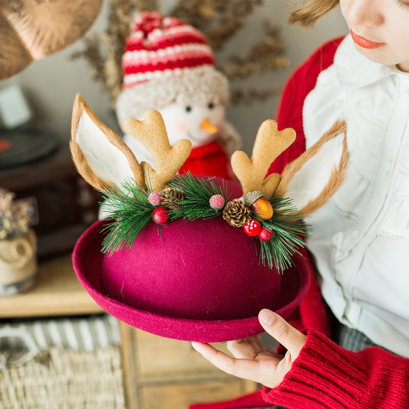 帽子女秋冬韩版圆顶仿羊毛呢礼帽森系手工麋鹿角耳朵礼帽圣诞礼物
