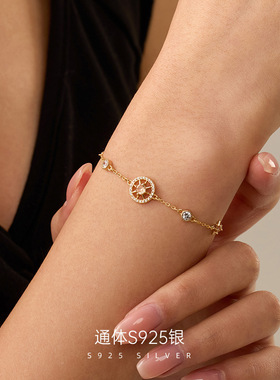 s925纯银中古风八芒星罗盘手链女镀14k金感ins跨境手饰