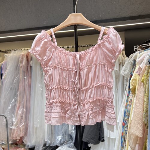 甜美风褶皱系带衬衫女夏季新款韩系小个子百搭显瘦减龄上衣26085