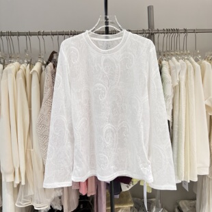 韩系白色印花圆领短袖t恤女2026夏季设计感显瘦蕾丝微透上衣6036