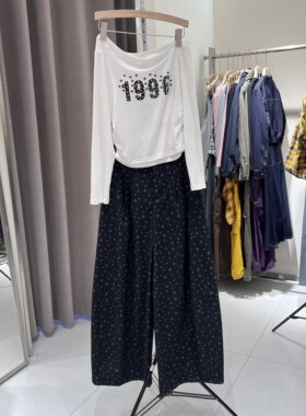 辣妹风套装2026秋季新款字母印花一字肩长袖T恤+碎花减龄阔腿裤
