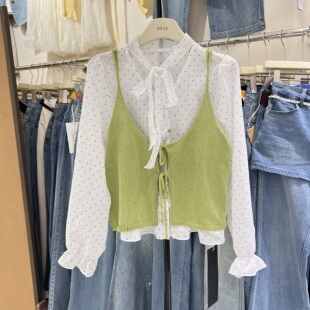 波点衬衫 温柔甜美蝴蝶结针织吊带 两件套女洋气叠穿2666 春季 韩式