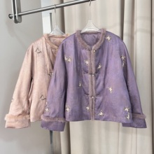 65101女冬季新中式水貂毛白鸭绒保暖短款外套盘扣刺绣国风羽绒服