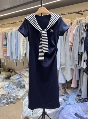 灰色条纹披肩2026夏新款韩系休闲慵懒风通勤百搭连衣长裙显瘦7707