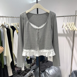 欧洲站洋气减龄假两件撞色蕾丝拼接下摆T恤女纯欲甜美打底衫 26021