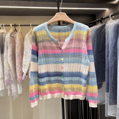 2026春季新款彩虹条纹针织开衫女宽松显瘦百搭毛衣外套上衣25017