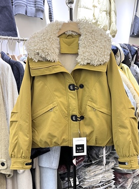 羊羔毛领拼接加绒加厚外套女冬新款宽松显瘦工装休闲派克服88168